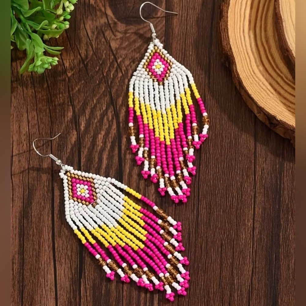Handmade Beaded Fringe Earrings - Hot Pink, Yellow & White